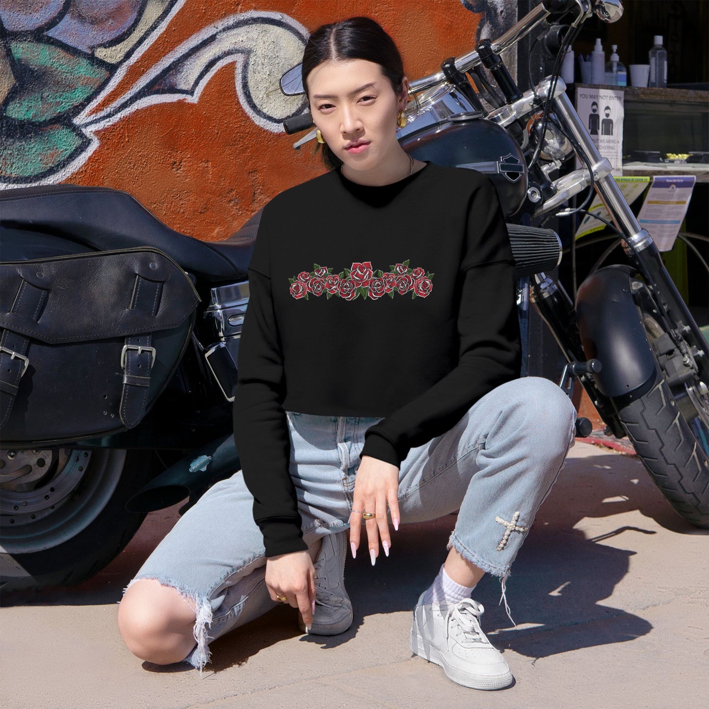 Tattoo Roses Cropped Sweatshirt