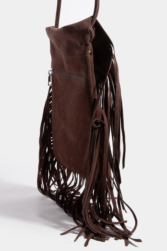 Fame Faux Suede Fringe Rectangle Crossbody Bag-Black