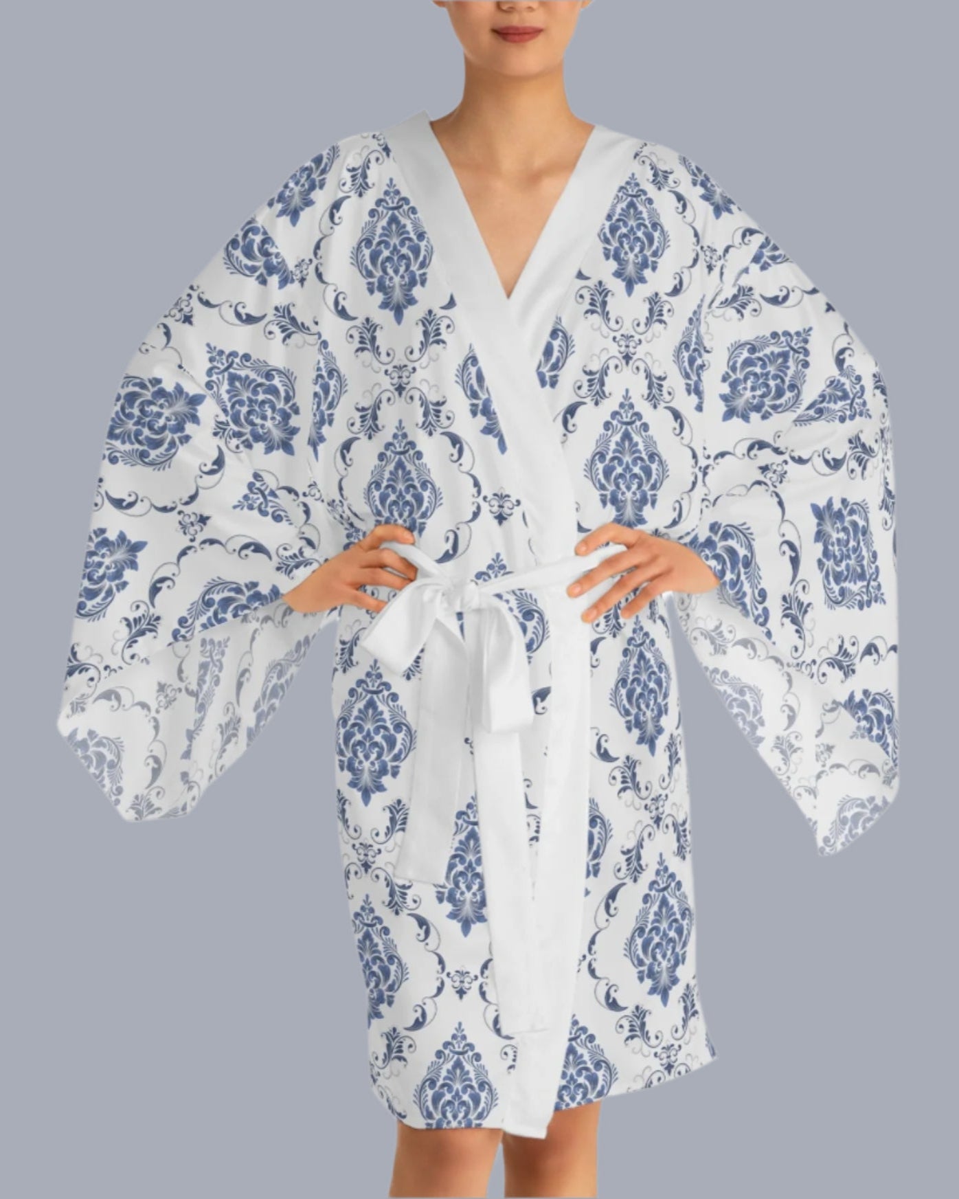 Something Blue Long Sleeve Damask Kimono Robe