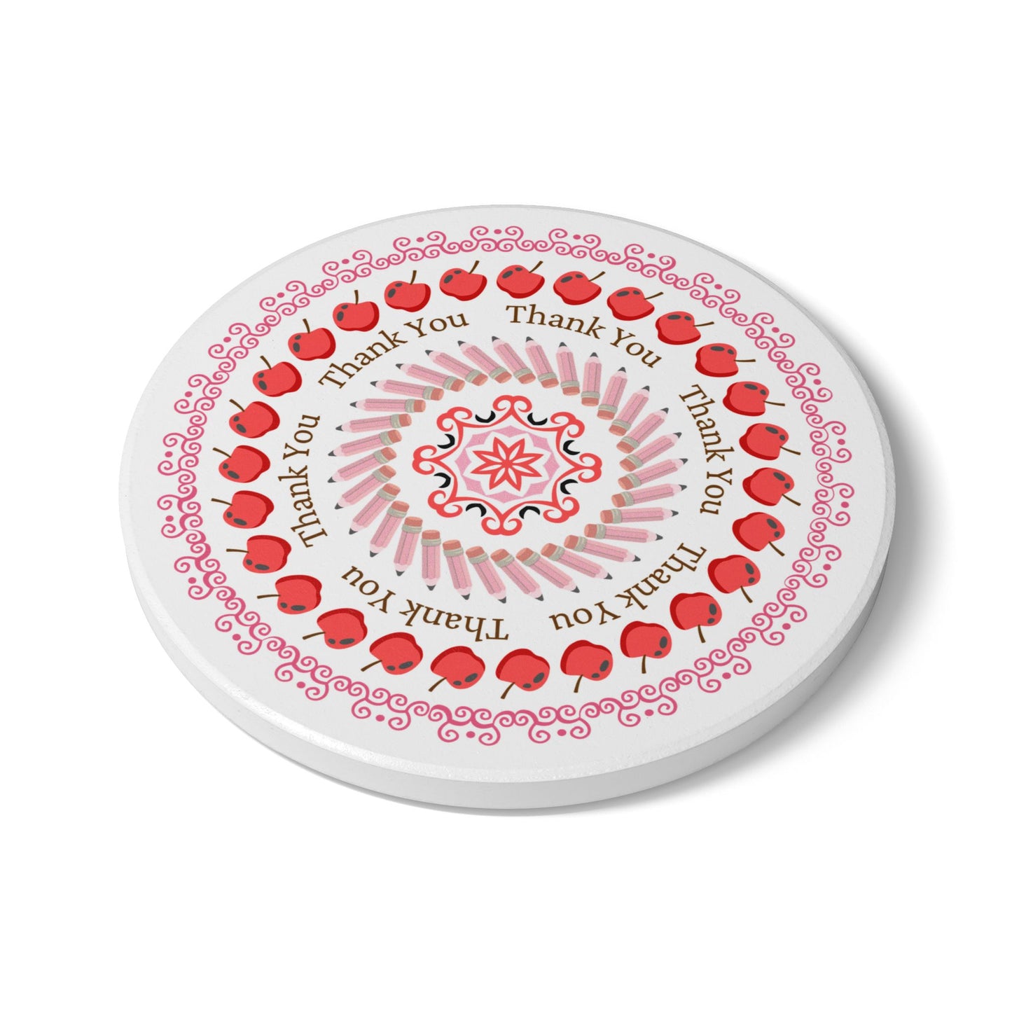 Thank You Red Apple Mandala Ceramic Coaster