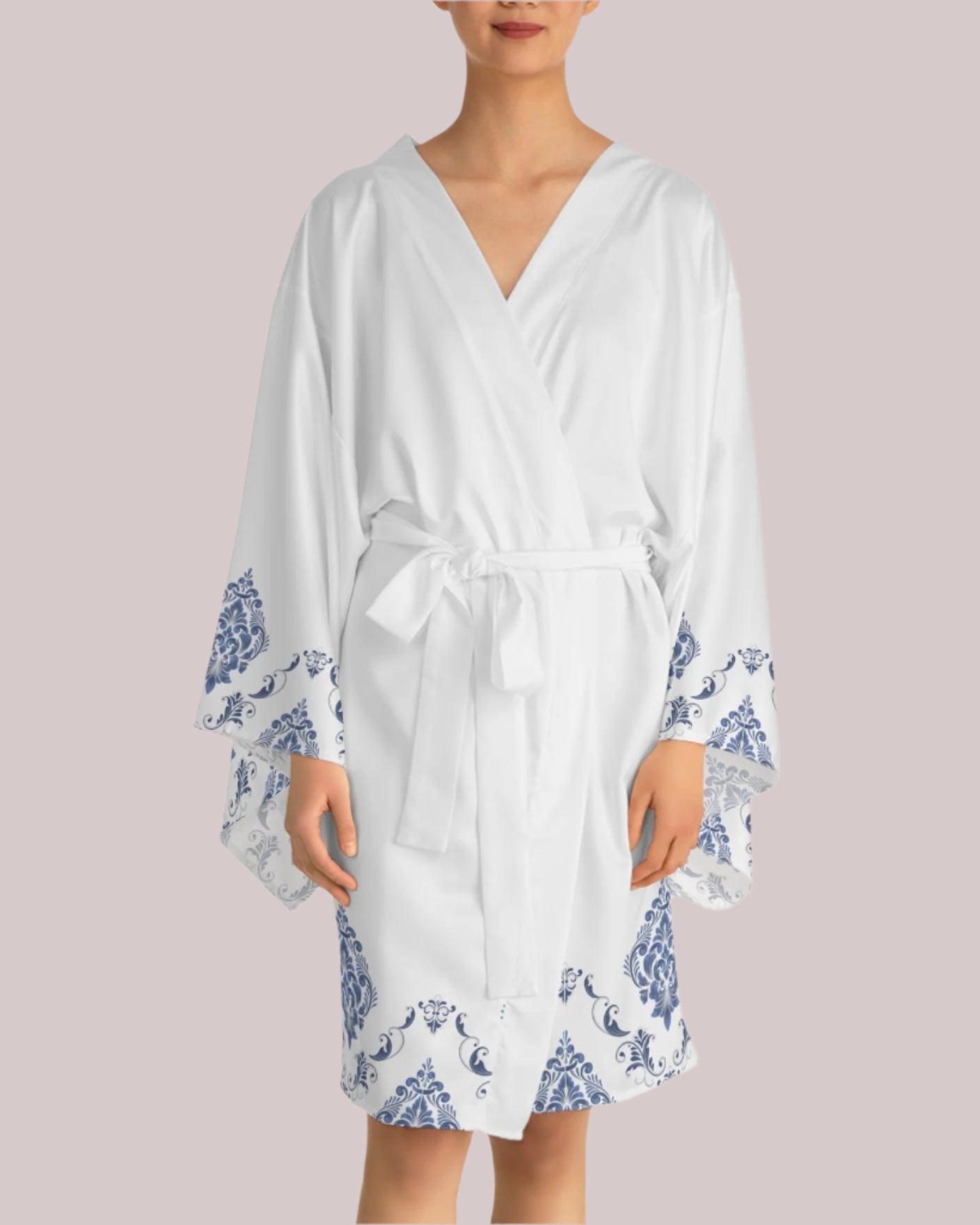 Something Blue Long Sleeve Damask Edge Kimono Robe