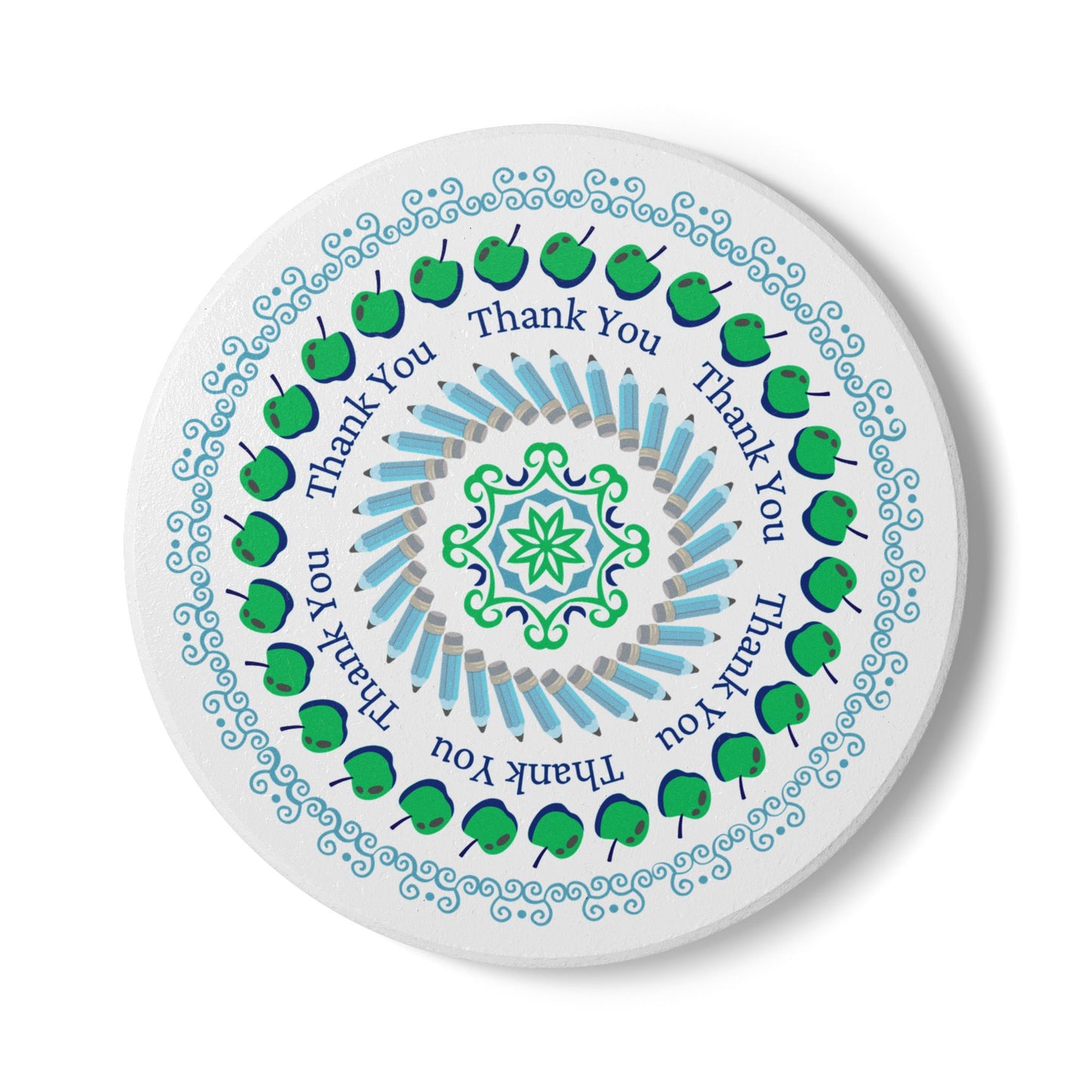 Thank You Green Apple Mandala Ceramic Coaster
