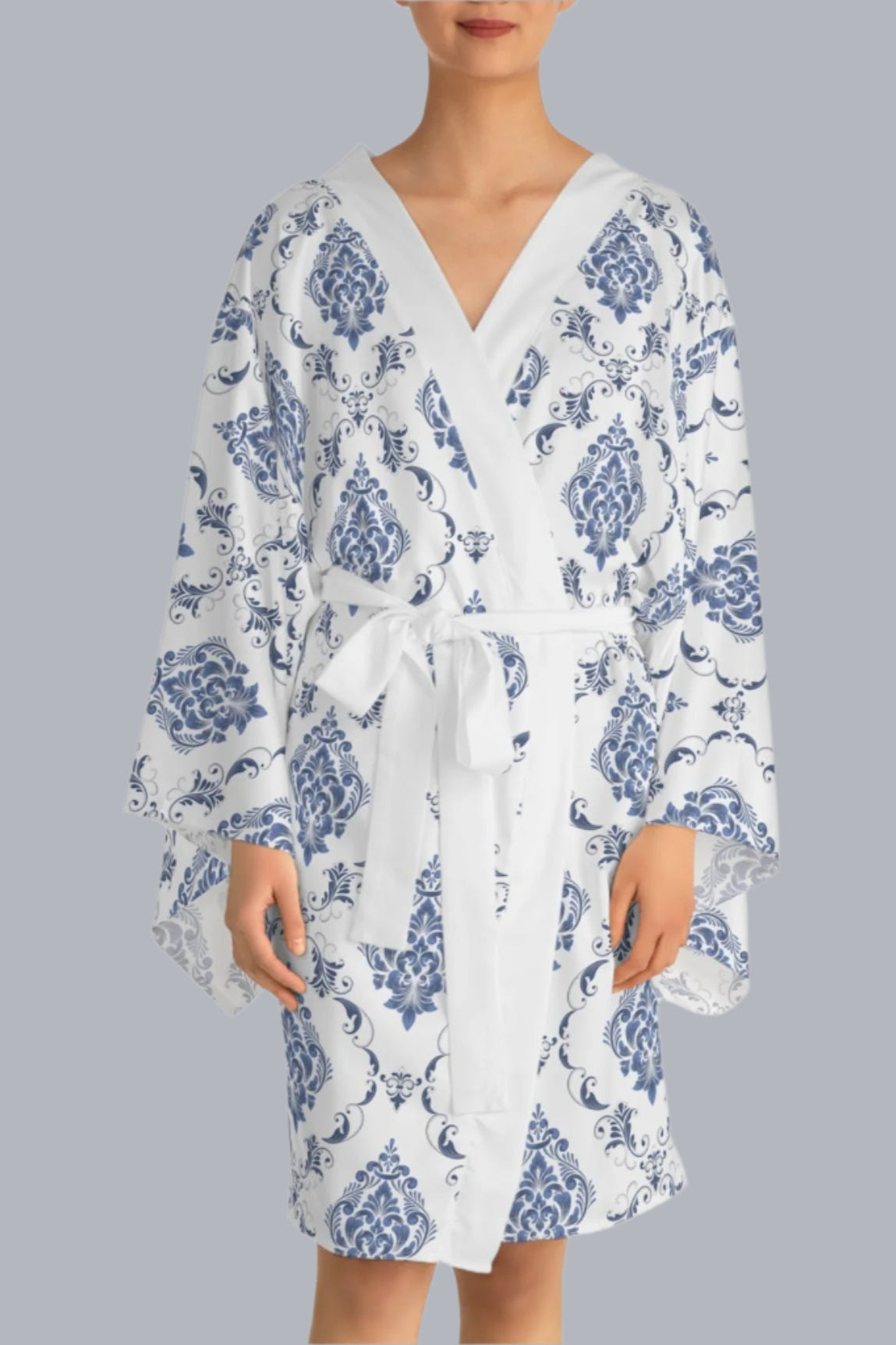 Something Blue Long Sleeve Damask Kimono Robe