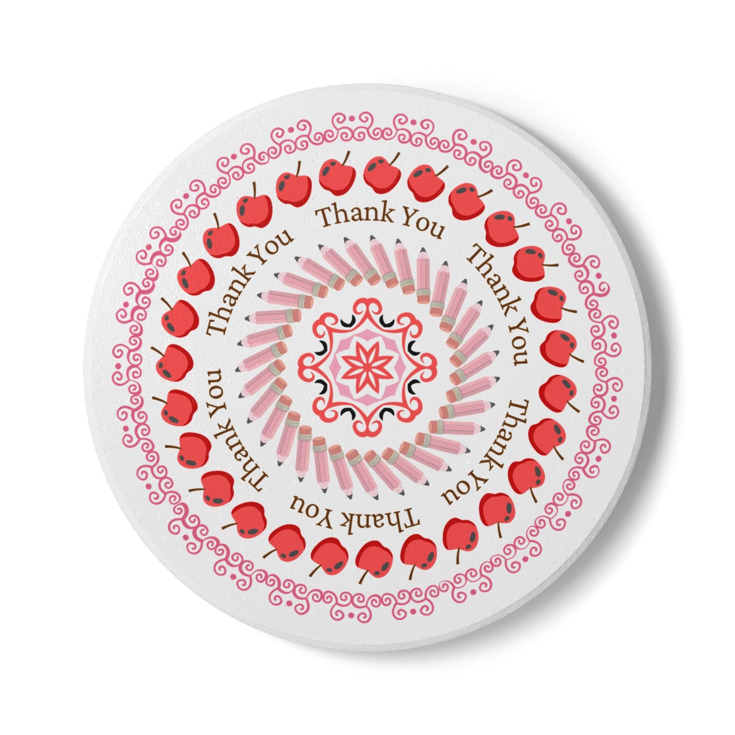 Thank You Red Apple Mandala Ceramic Coaster