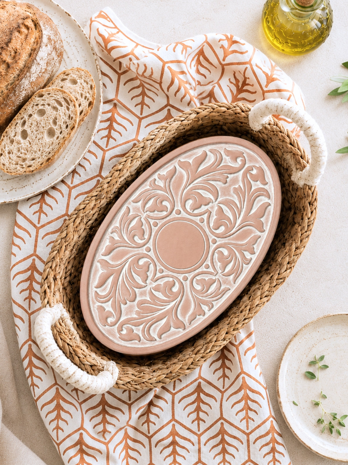 Bread Warmer & Basket Gift Set with Tea Towel - Vintage Vine Oval-1