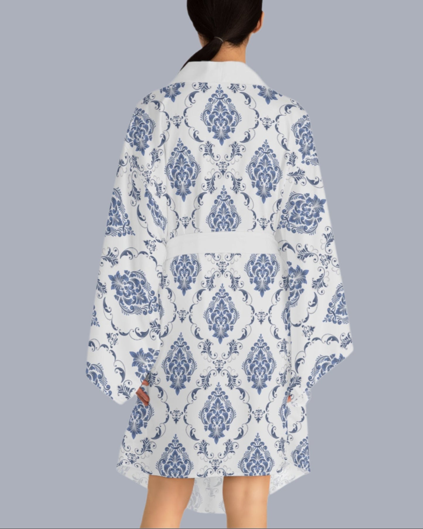 Something Blue Long Sleeve Damask Kimono Robe