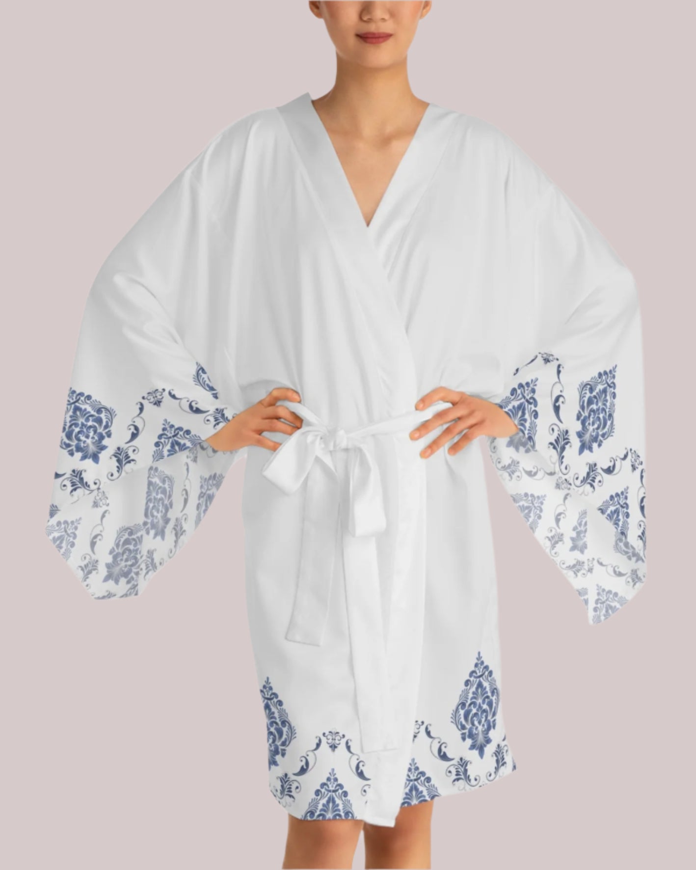 Something Blue Long Sleeve Damask Edge Kimono Robe