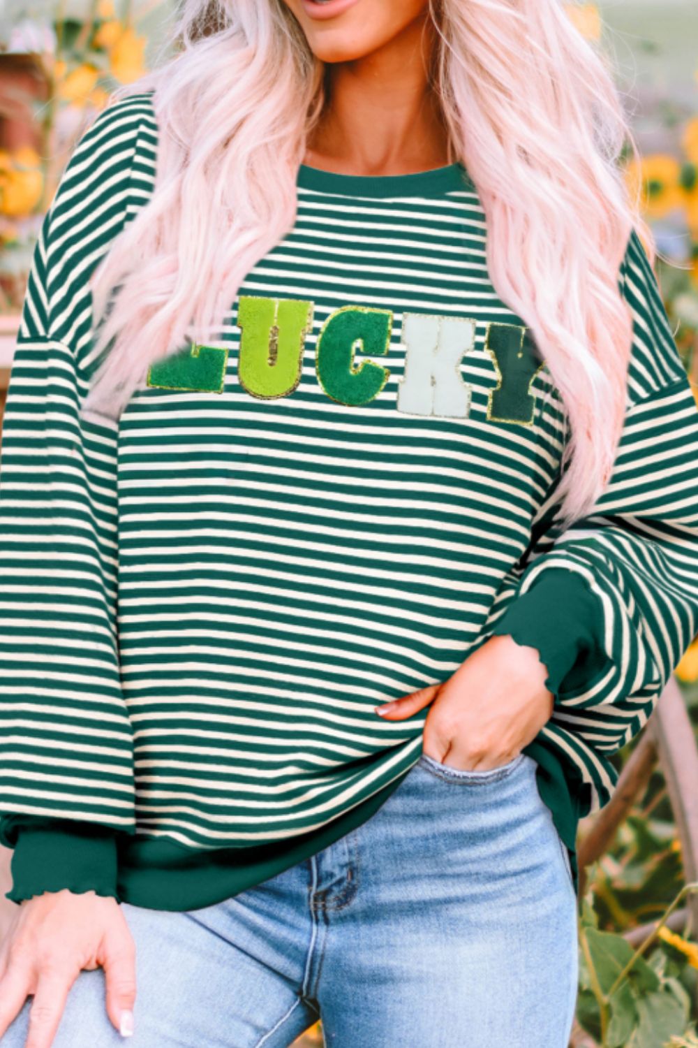 LUCKY Striped Long Sleeve Sweatshirt