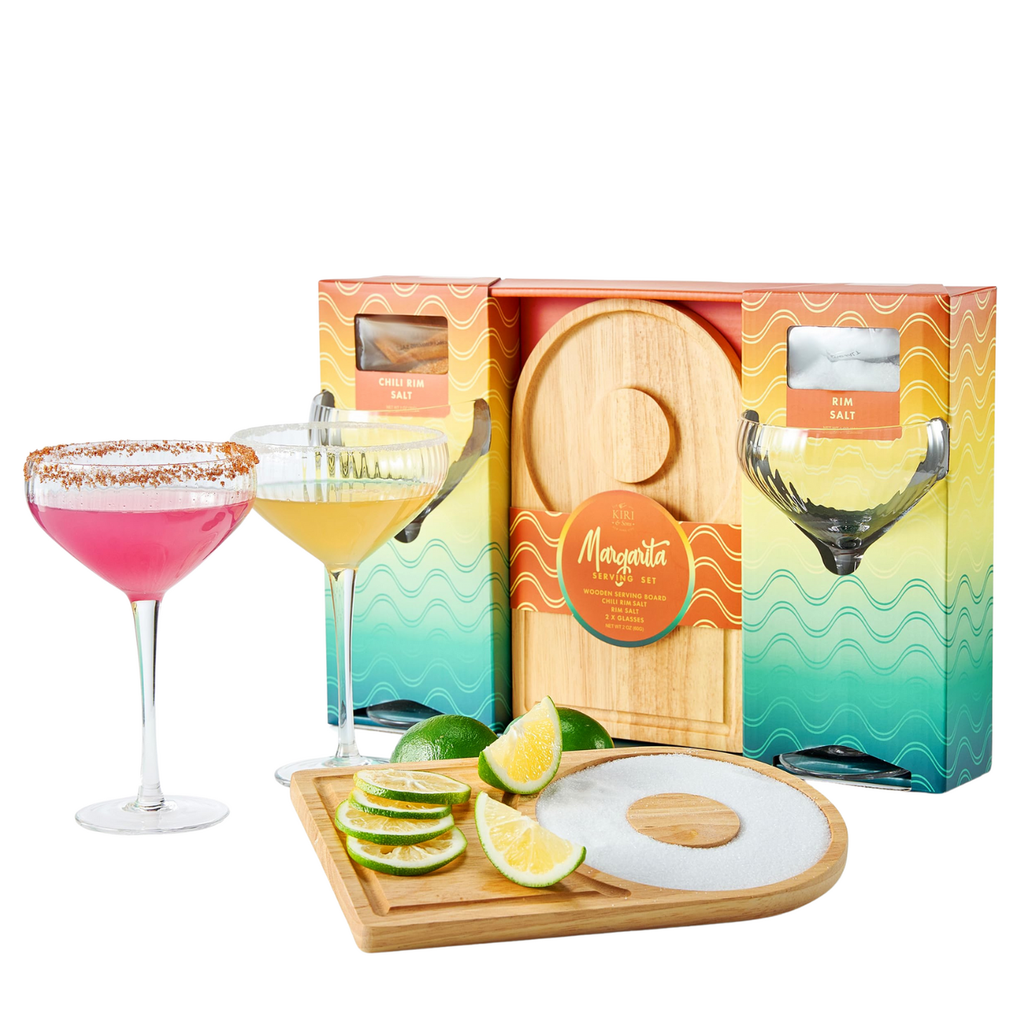 Margarita Glass, Salt & Board Gift Set - Includes 2 Ribbed 12oz Stemmed Glasses, Chili & Regular Salt, Wooden Rimmer Board, Beautiful Gift Box - Gifts for Margarita Lovers, Cocktail Parties, Holiday-0