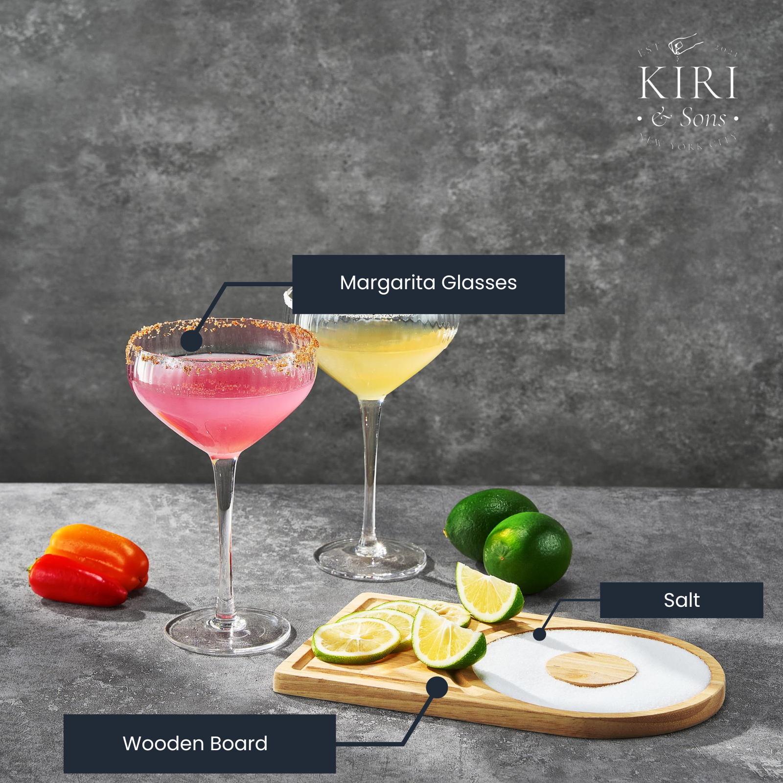 Margarita Glass, Salt & Board Gift Set - Includes 2 Ribbed 12oz Stemmed Glasses, Chili & Regular Salt, Wooden Rimmer Board, Beautiful Gift Box - Gifts for Margarita Lovers, Cocktail Parties, Holiday-3