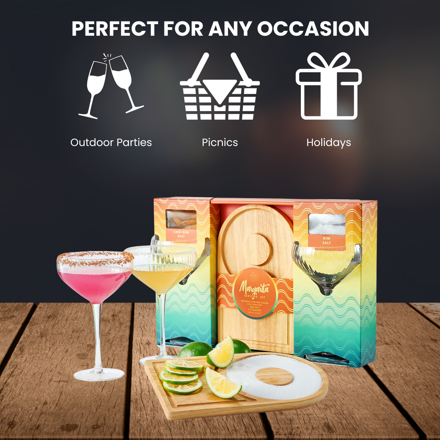 Margarita Glass, Salt & Board Gift Set - Includes 2 Ribbed 12oz Stemmed Glasses, Chili & Regular Salt, Wooden Rimmer Board, Beautiful Gift Box - Gifts for Margarita Lovers, Cocktail Parties, Holiday-1