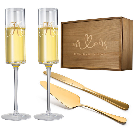 Wedding, Bridal Mr. & Mrs. Champagne Flutes GIFT BOX (Gold)