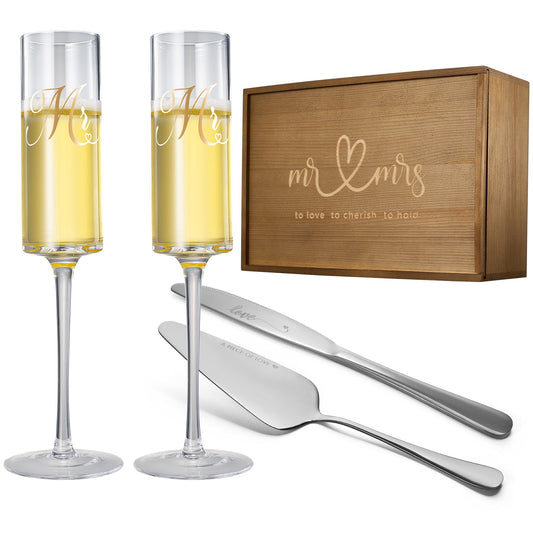Wedding, Bridal Mr. & Mrs. Champagne Flutes GIFT BOX (Silver)