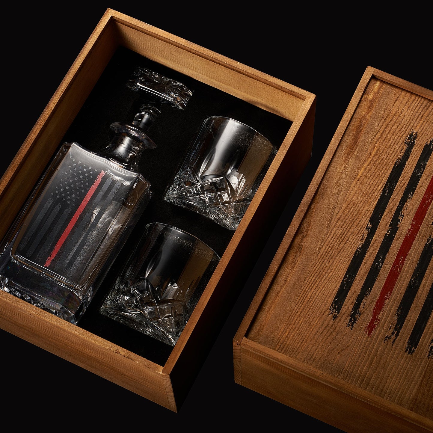 Firefighter Tactical Red Tattered American Flag Whiskey Decanter Gift Set | 730mL Decanter 2 Whiskey Glass | First Responder Gift for Fire Fighter, Red Rights, 2nd Amendment Gifts, FD Men, Dad, Him-2