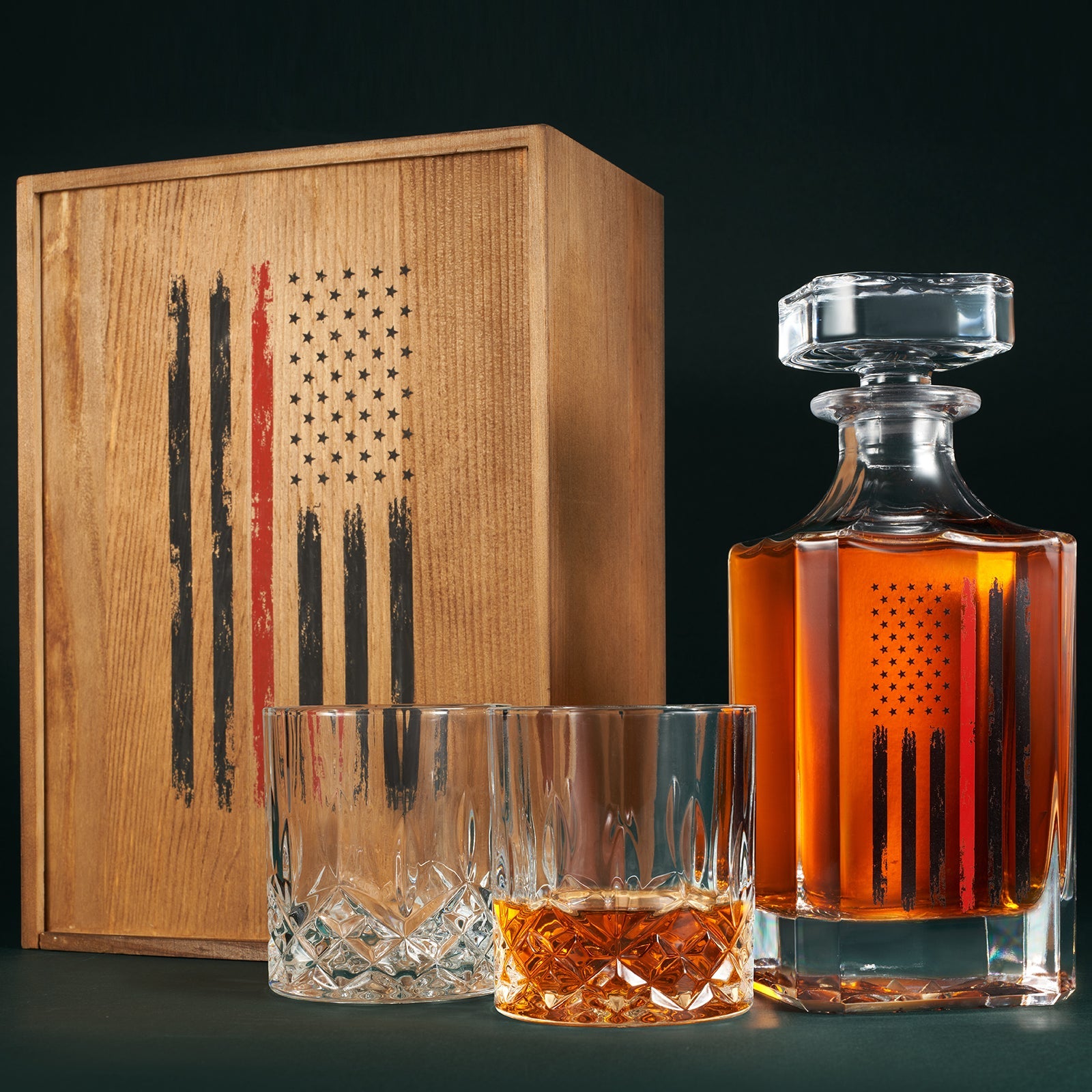 Firefighter Tactical Red Tattered American Flag Whiskey Decanter Gift Set | 730mL Decanter 2 Whiskey Glass | First Responder Gift for Fire Fighter, Red Rights, 2nd Amendment Gifts, FD Men, Dad, Him-1