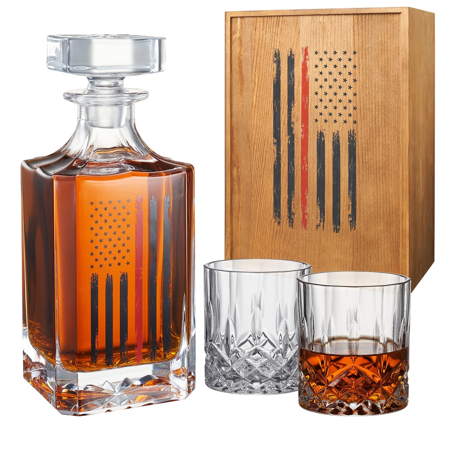 Firefighter Tactical Red Tattered American Flag Whiskey Decanter Gift Set | 730mL Decanter 2 Whiskey Glass | First Responder Gift for Fire Fighter, Red Rights, 2nd Amendment Gifts, FD Men, Dad, Him-0