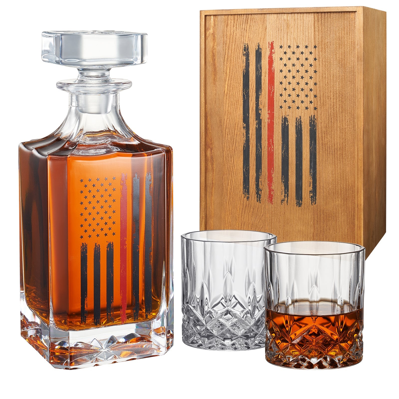 Firefighter Tactical Red Tattered American Flag Whiskey Decanter Gift Set | 730mL Decanter 2 Whiskey Glass | First Responder Gift for Fire Fighter, Red Rights, 2nd Amendment Gifts, FD Men, Dad, Him-0