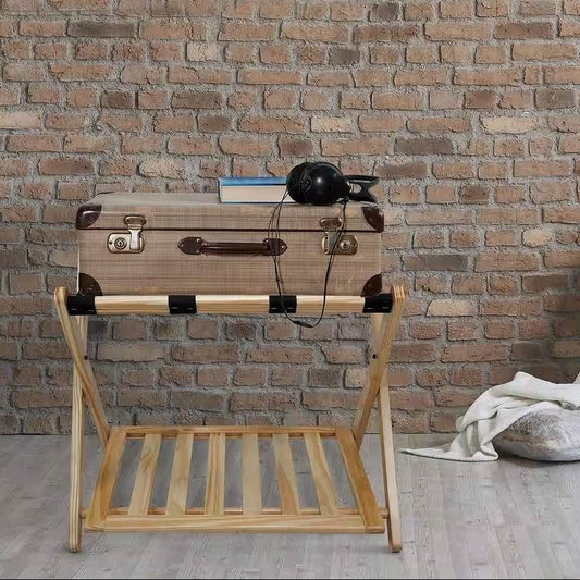 Solid Wood Luggage Rack with Bottom Storage Shelf in Natural with Black Straps-0