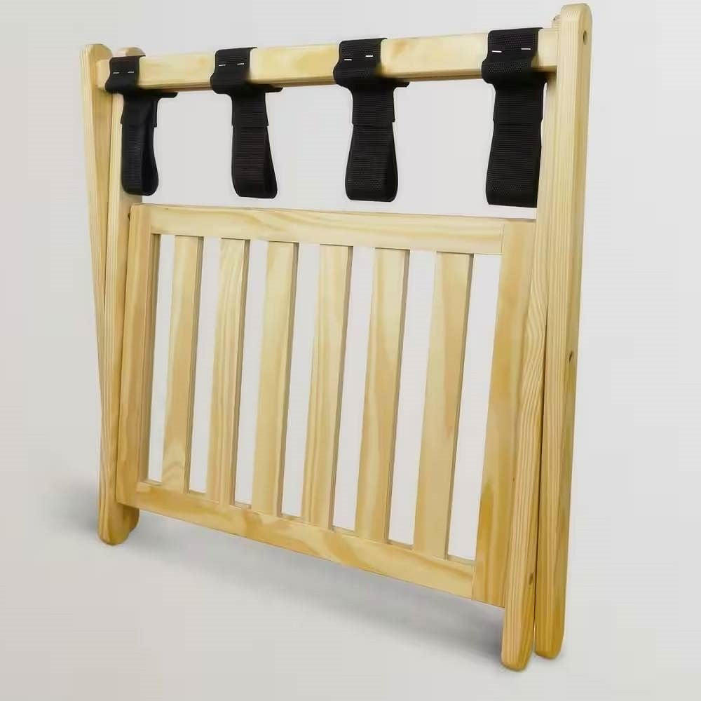 Solid Wood Luggage Rack with Bottom Storage Shelf in Natural with Black Straps-1