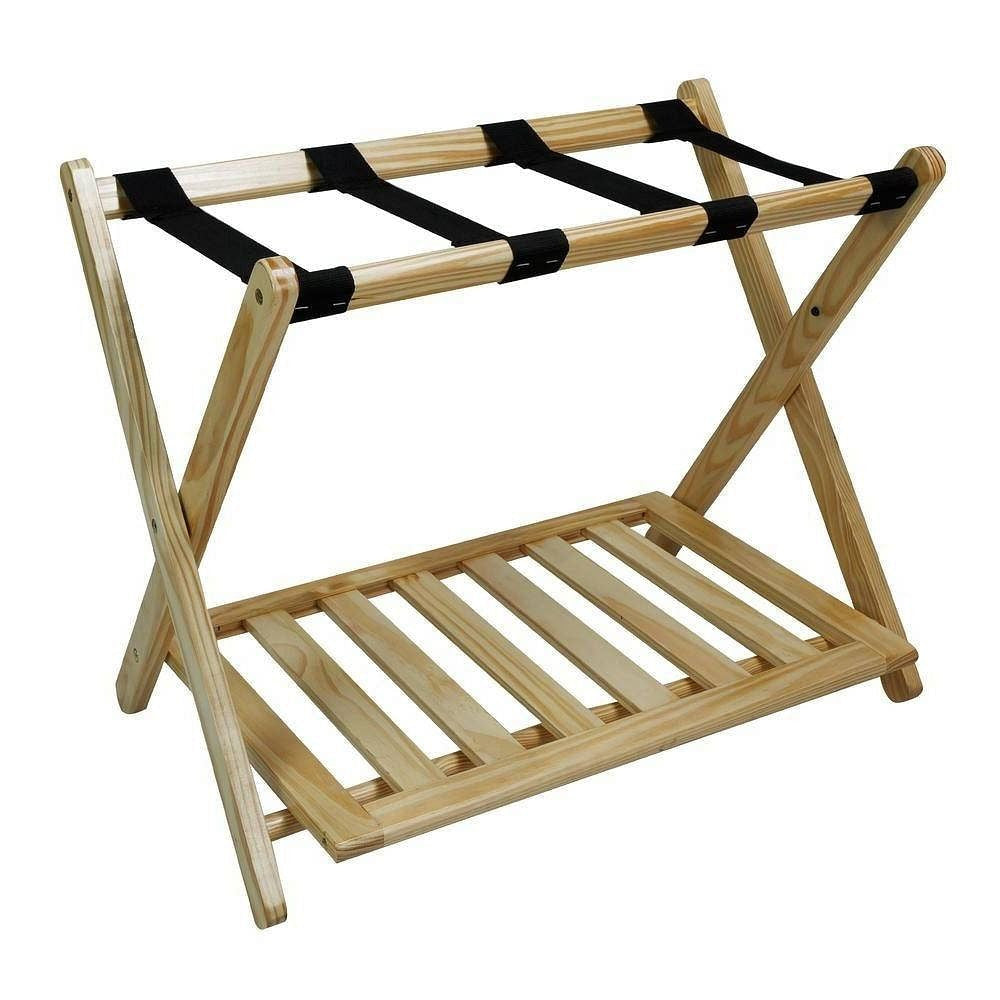 Solid Wood Luggage Rack with Bottom Storage Shelf in Natural with Black Straps-2
