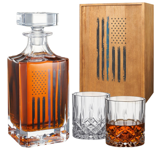 Police Tactical Blue Tattered American Flag Whiskey Decanter Gift Set | 730mL Decanter 2 Whiskey Glass | Law Enforcement Gift for Police Officer, Blue Rights, 2nd Amendment Gifts, PD Men, Dad, Him-0