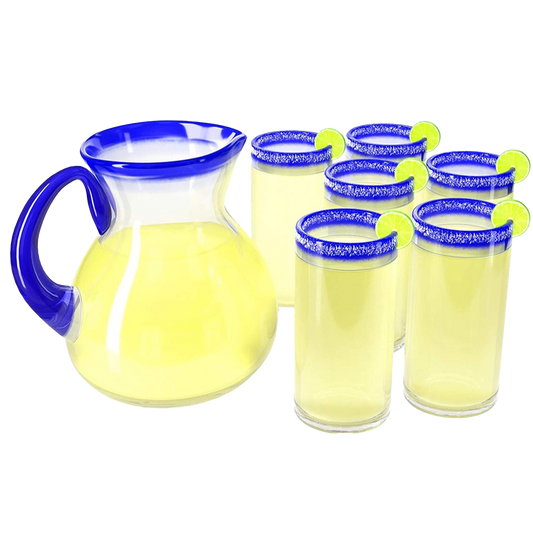 Hand Blown Blue Drinking Glasses and Pitcher