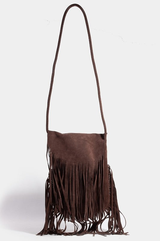 Fame Faux Suede Fringe Rectangle Crossbody Bag-Caramel