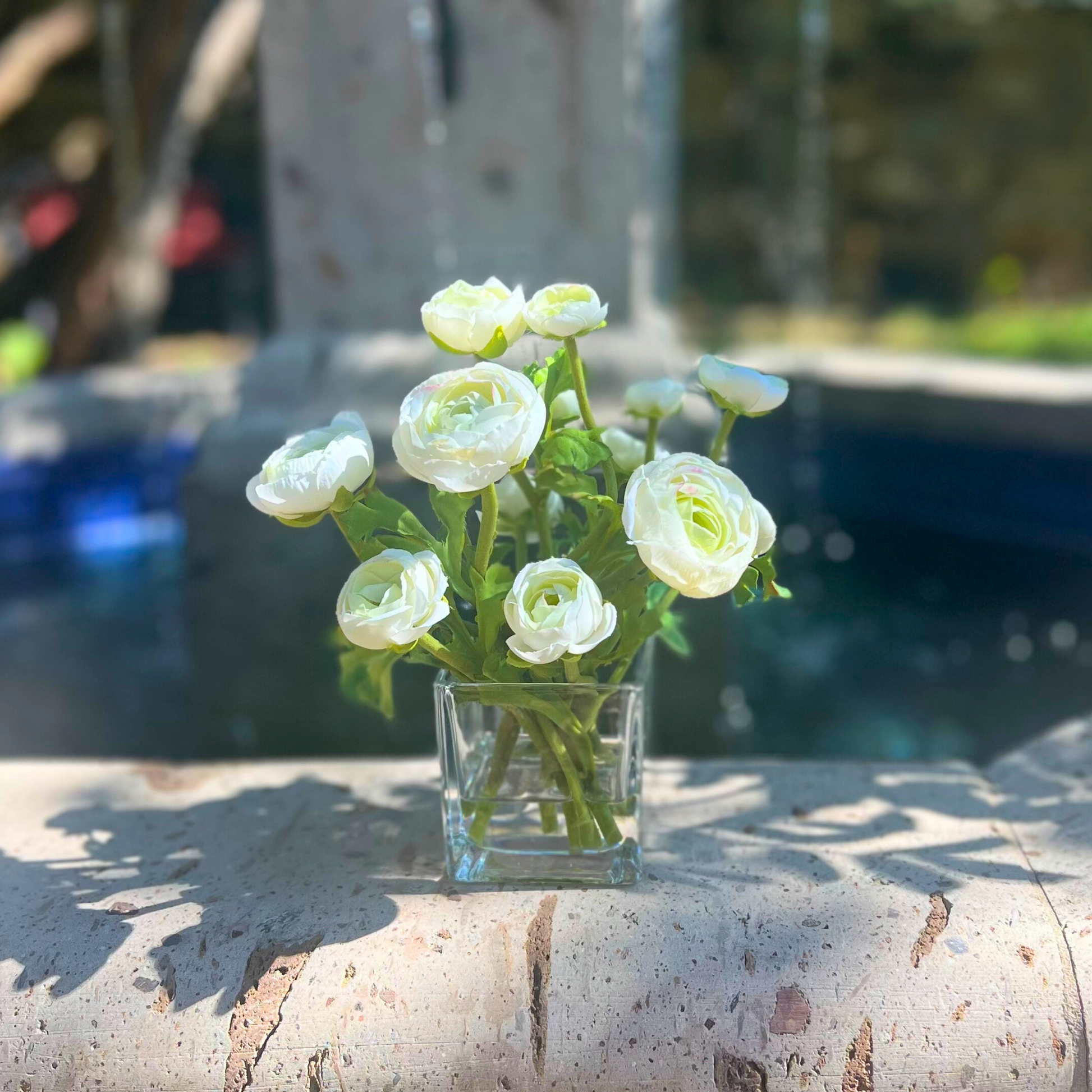 Silk Ranunculus Flowers in Glass Vase - 8"-1