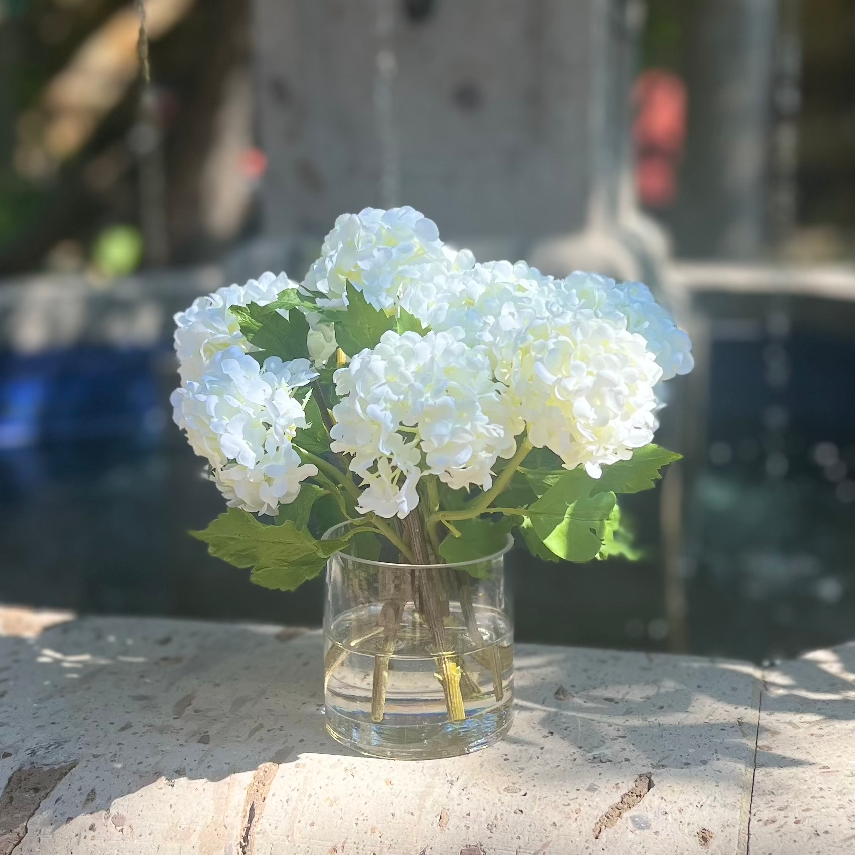 Real touch white hydrangea arrangement in glass vase - 8"-0